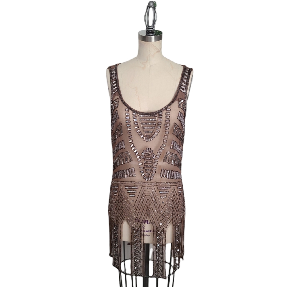 Dressy Sheer BrownTulle Tank Top Heavily Embellished Beads & Sequins Bling